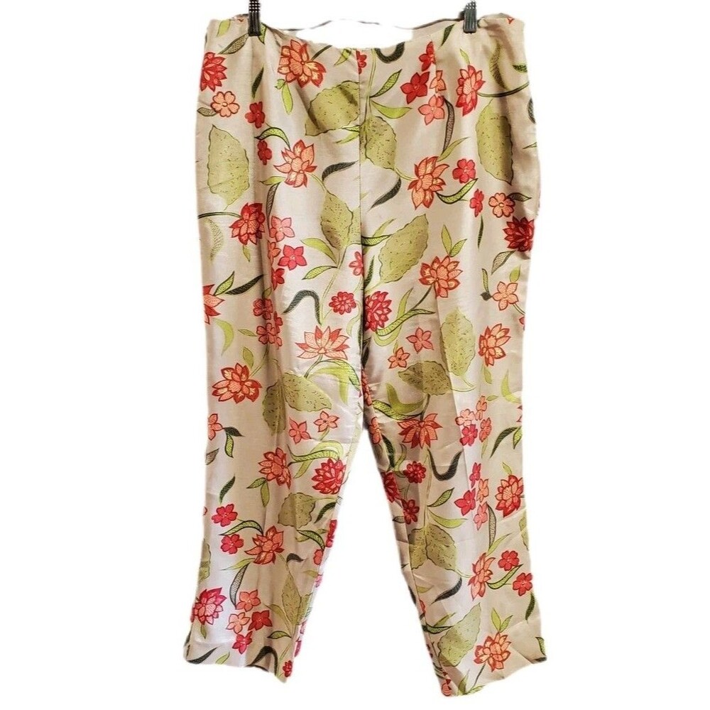 Dressbarn Vtg Coral Taupe Green floral Silky straight leg shiny Dressy Pants 18W